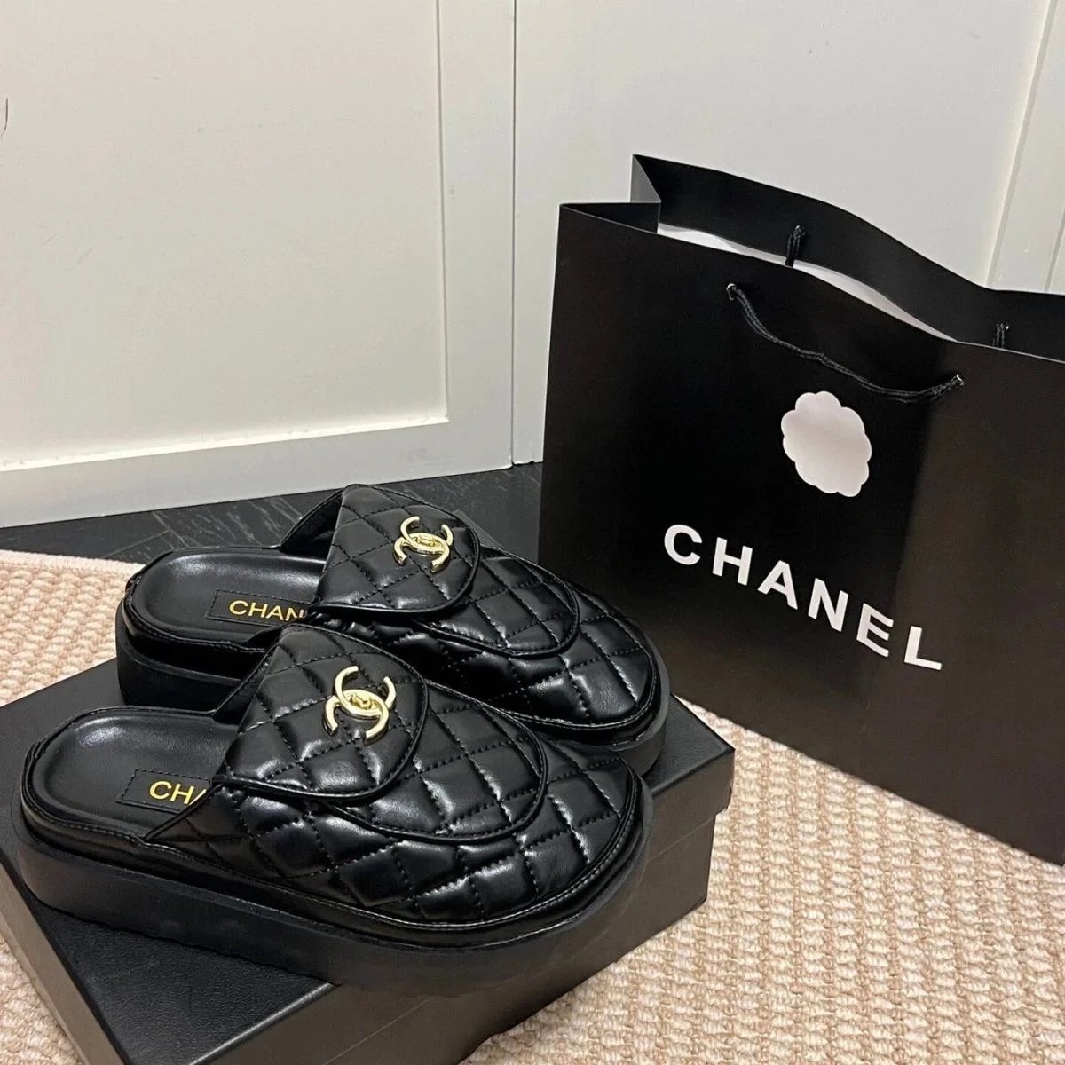 Chanel Black Quilted Leather Slides with Gold CC Logo