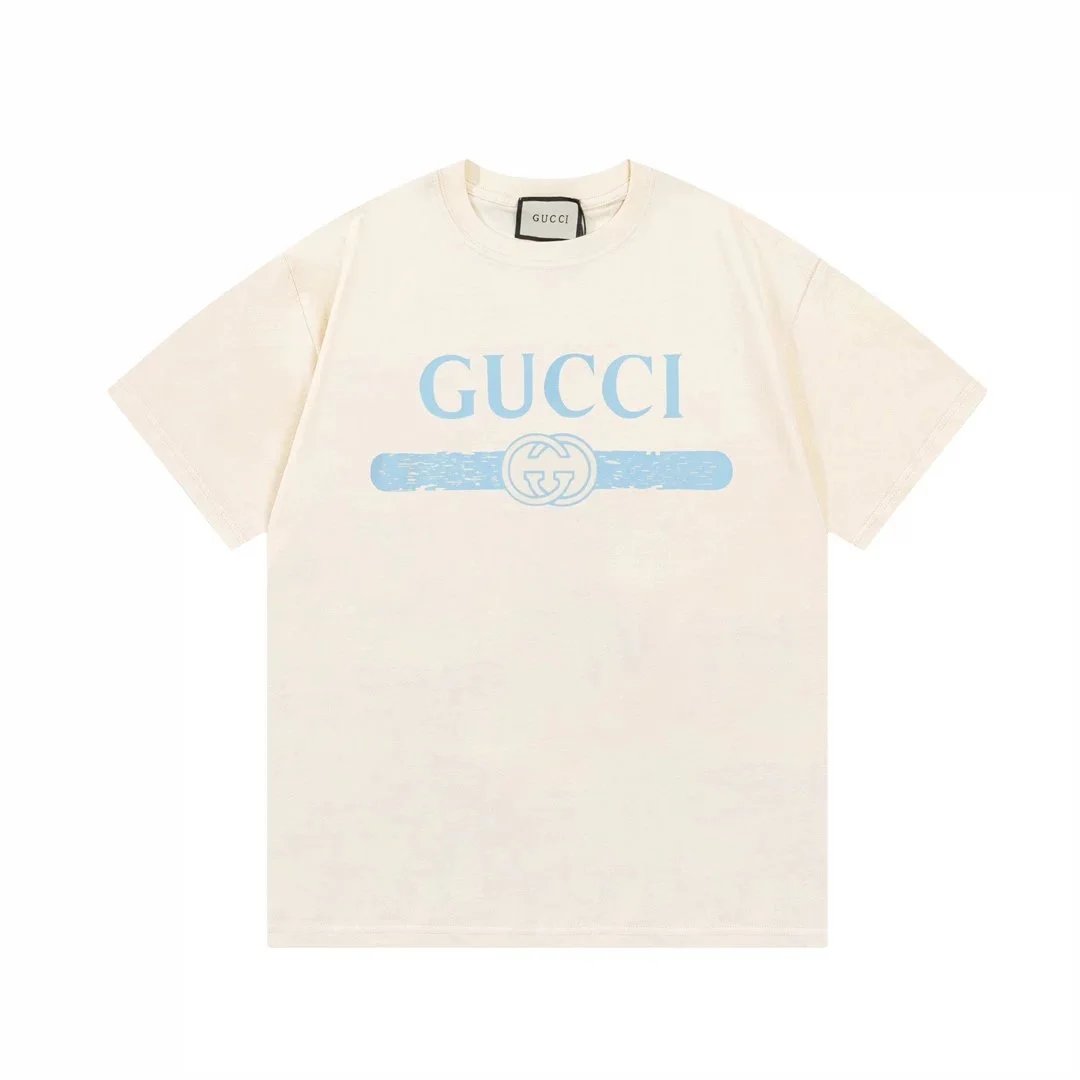 Gucci Logo Print T-Shirt in Cream with Blue Design
