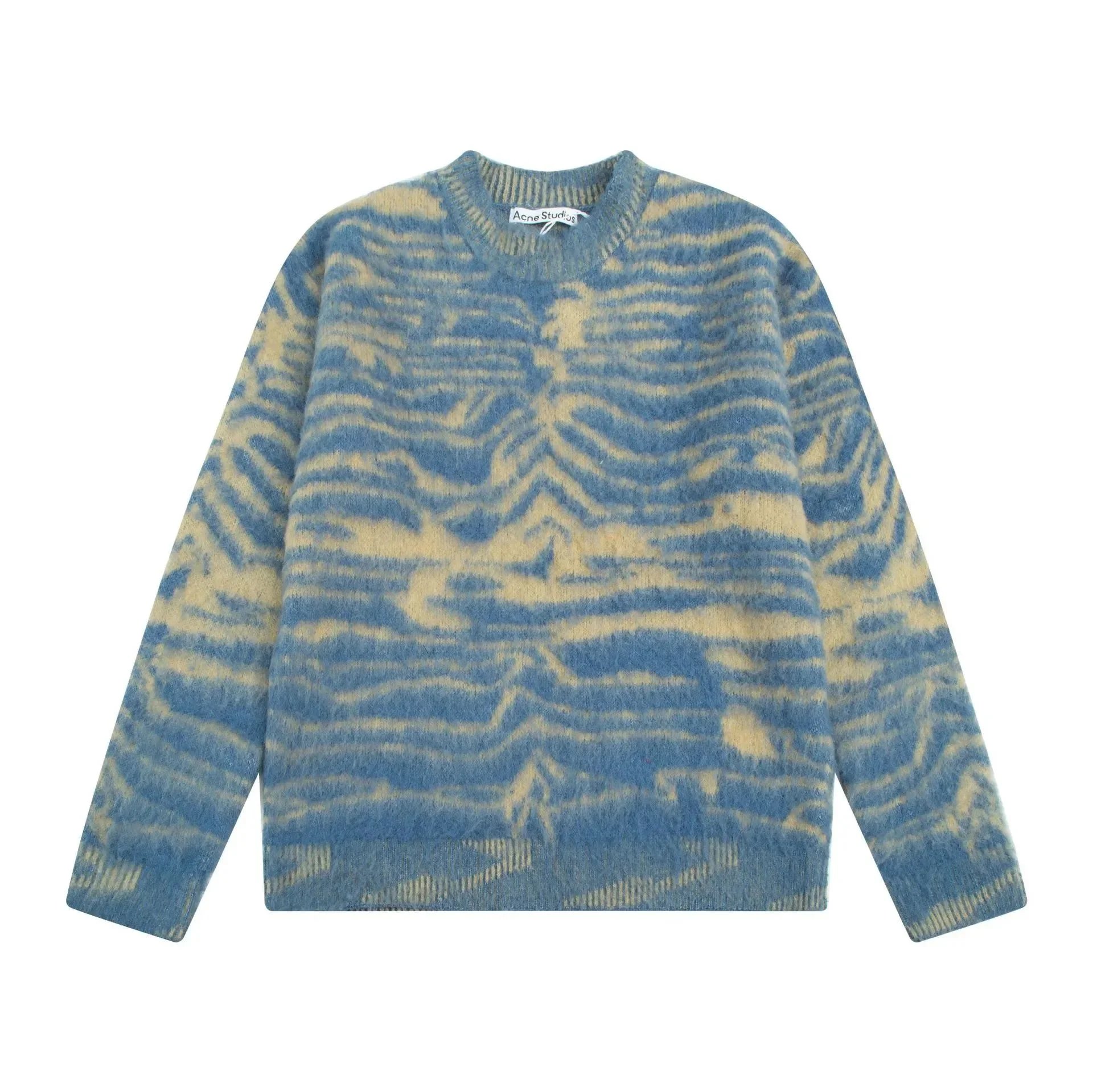Acne Studios Blue and Beige Tiger Stripe Knit Sweater