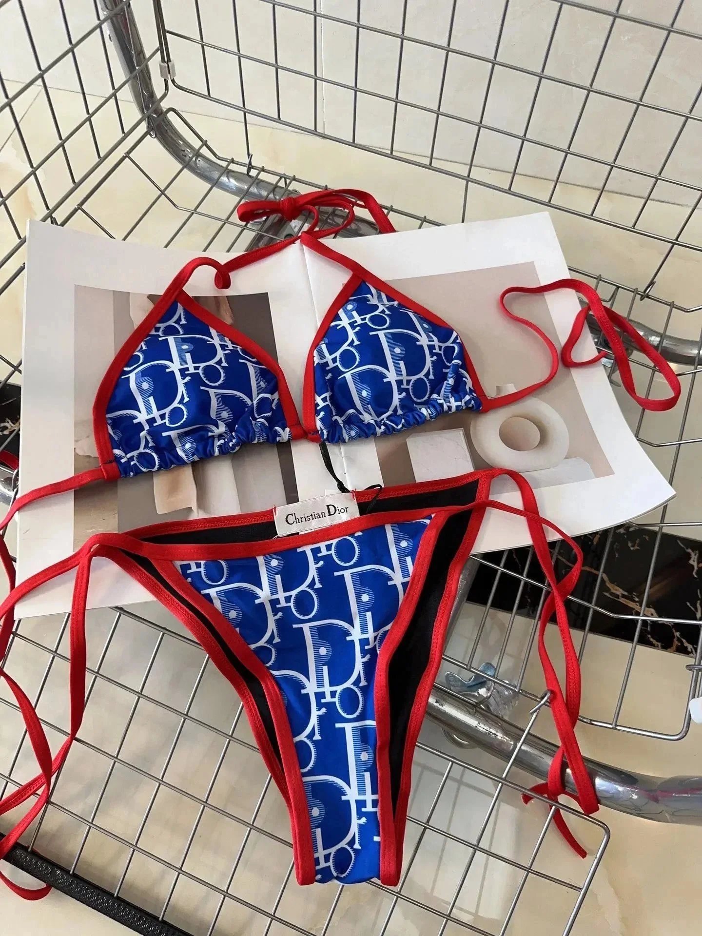 Christian Dior Blue and Red Logo Print Bikini Set